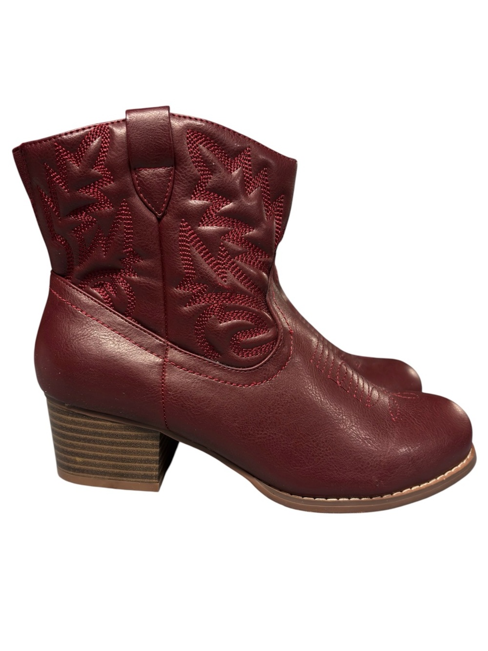 Torrid | Burgundy Red Faux Leather Embroidered Cowboy Ankle Boots - Wide Width - Picture 2 of 9